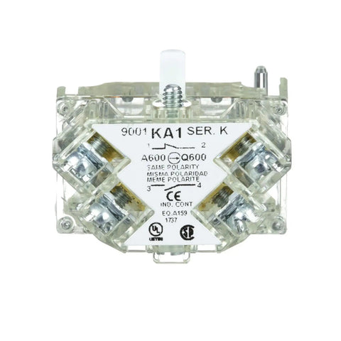 Front view of Heavy Duty Push Button Contact Block For 30mm Cutouts With 1NO 1NC Spring Return, Self Grounding Harmony Style 9001KA1 Compatible.