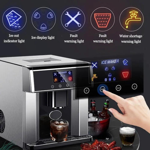 Heavy Duty Countertop Ice Maker With Two In One Cold Water Dispenser and Quick Chill Tech, showing LCD controls and ice features.
