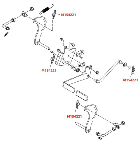 Exploded diagram showing M154221 components on John Deere equipment, compatible with Heavy Duty Spring Locking Cotter Pin Replacement.