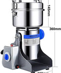 Stainless Steel Electric Grain Grinder Pulverizer for Superfine Flour and Powder, measurements visible, commercial-grade design.