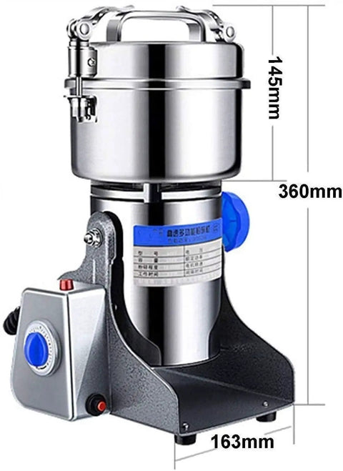 Stainless Steel Electric Grain Grinder Pulverizer for Superfine Flour and Powder, measurements visible, commercial-grade design.