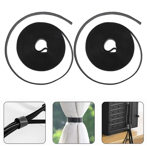 Heavy Duty Reusable Wire Tie Straps For Slick Cable Management Black Self Adhesive Cord Wraps on rolls for easy use.