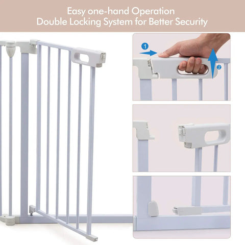 Close-up of Extra Wide Baby Gate And Play Yard with double locking system, adjustable from 35.8 to 78.74 inches, 29 inches tall.