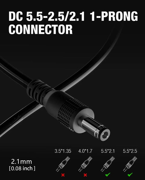 Close-up of DC 5.5-2.5/2.1 1-prong connector displaying compatibility with various sizes, for reliable connections.