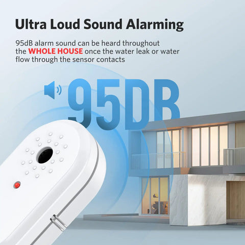 Close-up of water leak sensor from 3 Pack Water Leak Sensor Alarm Kit With 95dB Audible Alert, showing 95dB feature near modern house.