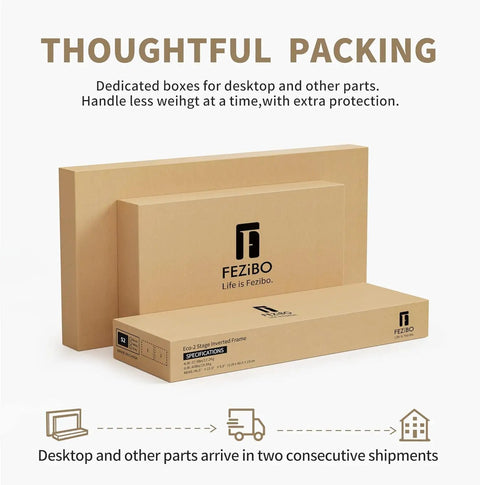L Shaped Electric Standing Desk With Light Walnut Finish Built In File Cabinet And Spacious Shelving Height Adjustable Ergonomic Corner Workstation Reversible Layout Smooth Push Button Lift System packaging boxes for desktop and parts.