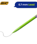 Green mechanical pencil with 0.7mm lead writing a line, featuring the BIC logo and label on the barrel.