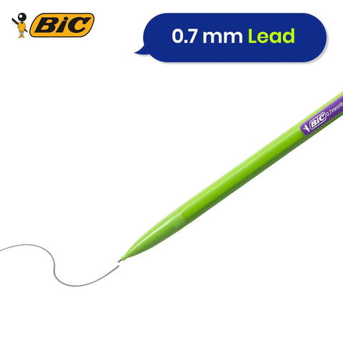 Green mechanical pencil with 0.7mm lead writing a line, featuring the BIC logo and label on the barrel.