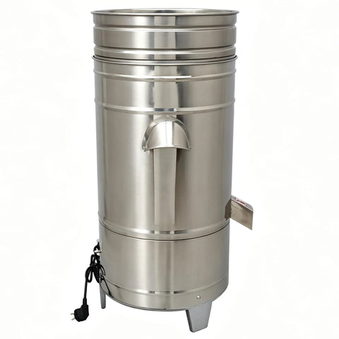Heavy Duty Stainless Steel Commercial Salad Spinner With Adjustable Speed Knockout Workhorse Vegetable Dryer And Water Extractor Built Tough For Restaurant Kitchens 220V side view with power cord
