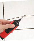 Person using a tool from the Tile Repair Kit For Porcelain And Marble Color Wax Blocks For Quick Scratch Chip Repair on tile grout.