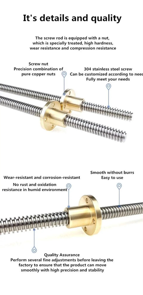 Lead Screw T30x6 With Brass Nut 30mm Stainless Steel Threaded Rod 6mm Pitch for 3D Printers and CNC Machines, corrosion resistant