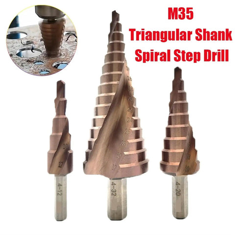 Kickass Heavy Duty M35 Cobalt Step Drill Bit Set In 4-12 4-20 And 4-32mm Sizes For Stainless Steel Tapered Hss Hole Punch Kit With Spiral Groove And Triangle Shank Grip For Tough DIY Jobs, 3 drill bits