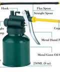 Oil can pump oiler, 8 oz green metal oil can with lever handle and flexible and straight spouts front view