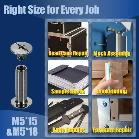 Pro Grade Heavy Duty Chicago Screws M5x15mm Gunmetal Black Cap Fasteners shown for various applications like road case repair and bookbinding.
