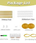Balloon Arch Stand Kit gold, front view: 7 metal poles, 30 balloon clips, pump, bending tubes, water bags