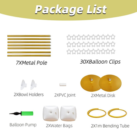 Balloon Arch Stand Kit gold, front view: 7 metal poles, 30 balloon clips, pump, bending tubes, water bags