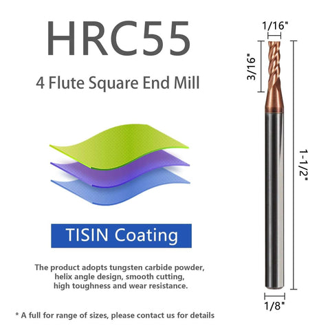 AYCHOLIZ 5PCS micrograin carbide square end mill set, 1/16 in. diameter, 4-flute, TISIN coating, HRC55