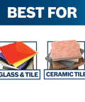 Best for glass and ceramic tile, shown with colorful tile samples, fits Gt2000 4 Piece Carbide Tipped Glass And Tile Bit Set For DIY Friendly Pro.