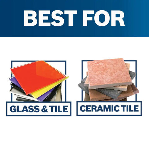 Best for glass and ceramic tile, shown with colorful tile samples, fits Gt2000 4 Piece Carbide Tipped Glass And Tile Bit Set For DIY Friendly Pro.