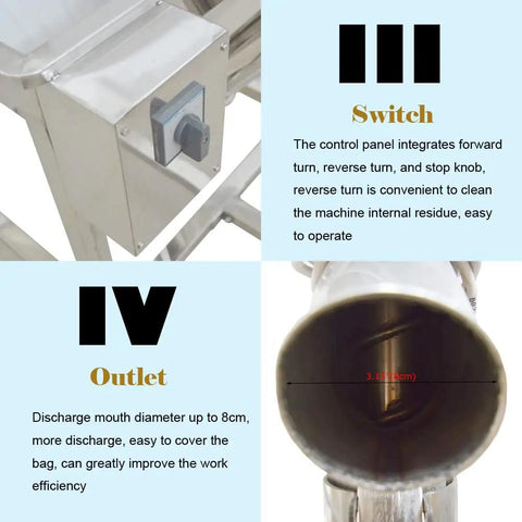 Control panel and outlet of Workhorse Inclined Helical Portable Granules Feeder With Stainless Steel Screw Conveyor 441 To 661 Lb Per Hour And 200 To 300 Kg Per Hour Capacity 220V 750W Easy To Move And Operate