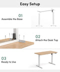 CubiCubi Large Electric Height Adjustable Standing Desk Maple Surface assembly steps showing base assembly, desk top attachment, and ready to use.