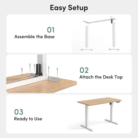 CubiCubi Large Electric Height Adjustable Standing Desk Maple Surface assembly steps showing base assembly, desk top attachment, and ready to use.