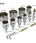 Pro Grade Tungsten Carbide Hole Saw Kit For Hard Metal, 12 Piece Set, various diameter titanium plated TCT cutters displayed