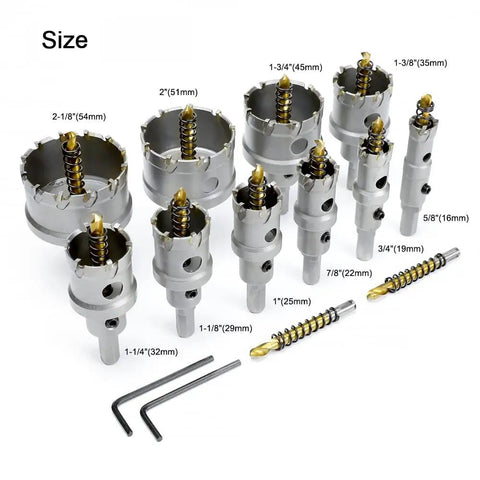 Pro Grade Tungsten Carbide Hole Saw Kit For Hard Metal, 12 Piece Set, various diameter titanium plated TCT cutters displayed