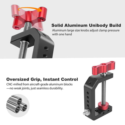 Built Like A Tank Aluminum Desk Camera Mount With Wide C Clamp Heavy Duty Table Rig showing solid aluminum unibody design and oversized grip.