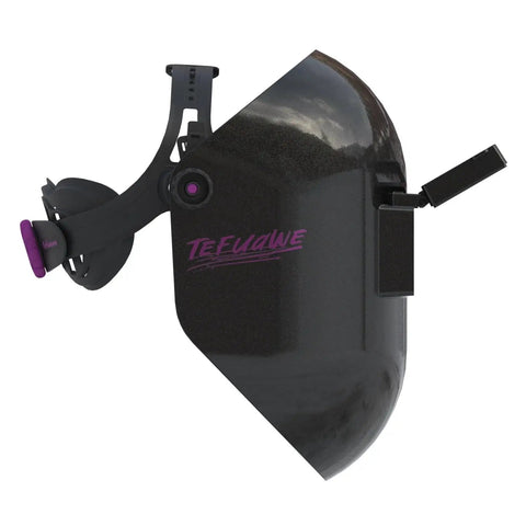 Side view of Ultralight Flip Up Chopped Fiberglass Sugar Scoop Welding Helmet with ergonomic fit and ratcheting headgear.