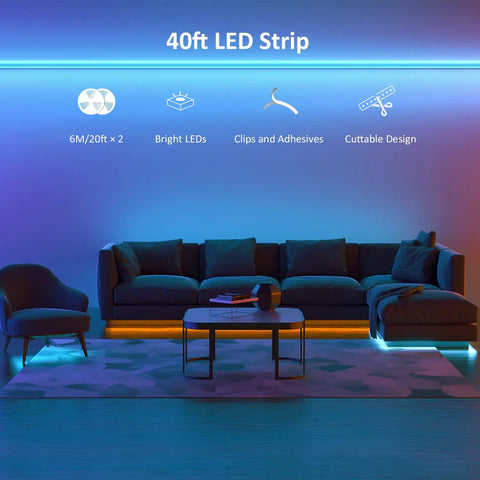 40Ft RGB Smart LED Strip Light Kit With 360 SMD 5050 LEDs illuminating a modern living room with ambient lighting
