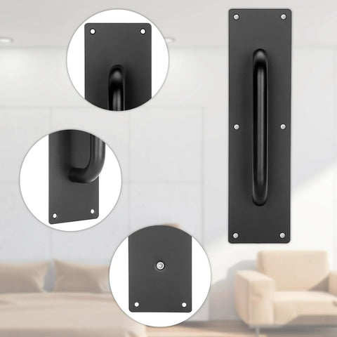 Stainless Steel Door Push Plates 4 Pack With Screws, durable black finish, shown installed in a home setting, close-up view included.