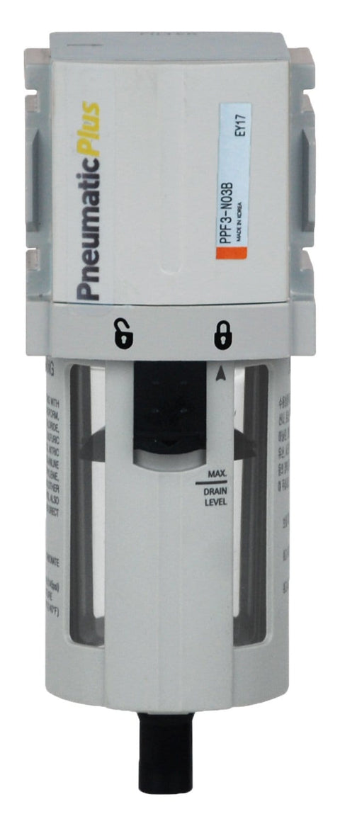High Flow One Quarter Inch NPT Compressed Air Particulate Filter, 5 Micron Element, Poly Bowl With Guard, front view