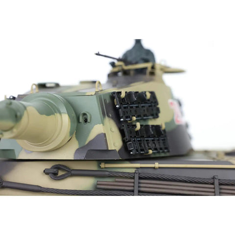 Close-up of One Six Scale German King Tiger RC Tank RTR with 2.4G Radio showing turret and camo detail.