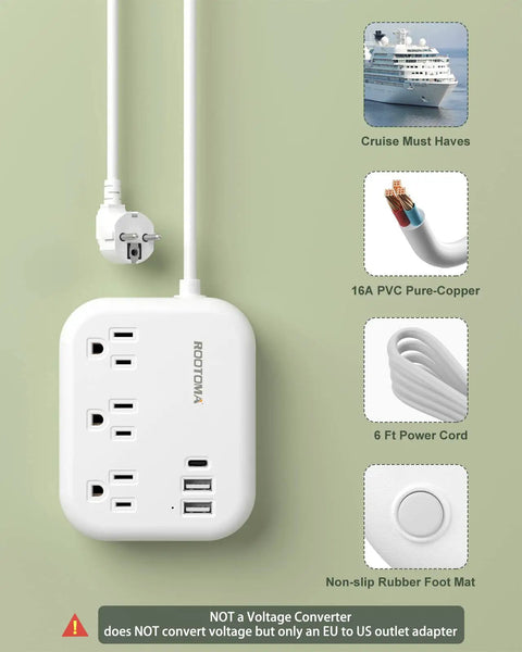 Six Foot European Travel Power Strip With Three US Outlets And Three USB Ports, US To Europe Plug Adapter For Spain France Germany Iceland And More, White shown with features and plug