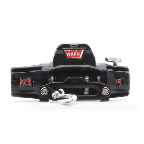 Rockin Metal Electric RC Winch For Mini 1/18 Trx4m And 1/24 Fms Crawlers, front view with hook, durable black metal housing.