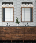 Industrial Black Vintage Bathroom Vanity Light Fixtures With Glass Mason Jar Shades 4 Light Wall Sconces Over Wooden Vanity