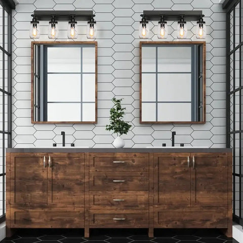 Industrial Black Vintage Bathroom Vanity Light Fixtures With Glass Mason Jar Shades 4 Light Wall Sconces Over Wooden Vanity