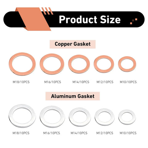 Copper and aluminum gaskets for 100 Piece Oil Drain Plug Crush Washer Kit Multi Size M10 M12 M14 M16 M18
