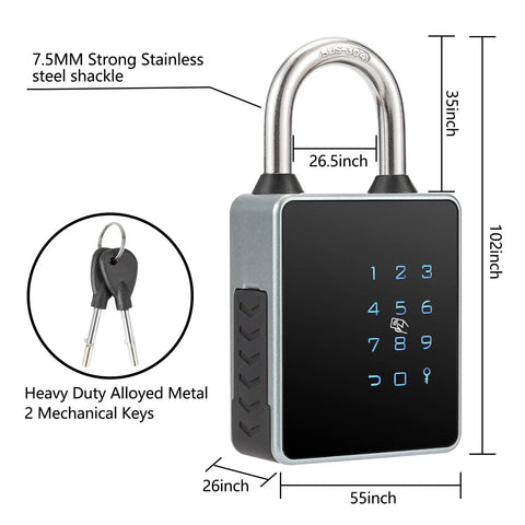 Smart Padlock With Keyless Entry And Bluetooth Keypad Water Resistant with 7.5mm stainless steel shackle and two metal keys