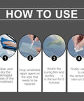 All In One Windshield Crack Repair Kit for Chips and Cracks, Quick Fix Glass Repair Liquid instructions infographic.