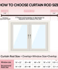 Diagram showing curtain rod size guide with window size and overlap for Heavy Duty Bronze Curtain Rod Set For Windows 72 To 144 Inches