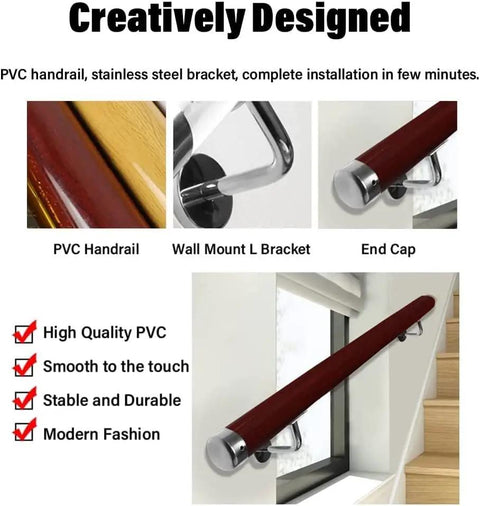 Heavy Duty 20 Foot Red PVC Railing Spindle With Non Slip Surface And Wall Mount Brackets Weatherproof Deck Balusters For Exterior Stairs And Patios, showing handrail and wall mount bracket.