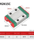 Diagram of MGN15C carriage block for 15mm Linear Rail Set With Heavy-Load Or Light-Load Carriage Blocks, 100 To 580mm Lengths, dimensions shown