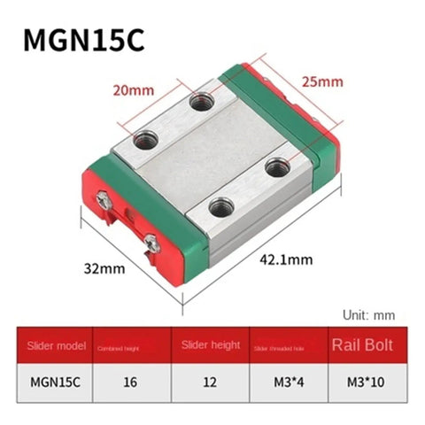 Diagram of MGN15C carriage block for 15mm Linear Rail Set With Heavy-Load Or Light-Load Carriage Blocks, 100 To 580mm Lengths, dimensions shown