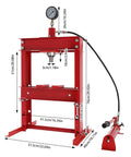 Boss Level 10 Ton H Frame Hydraulic Shop Press With Adjustable Base And Steel Plates For Heavy Duty Garage Workshop and Auto Repair Quick Release Cylinder Pump with gauge and dimensions shown.