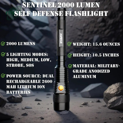 Sentinel 2000 Lumen Rechargeable Flashlight, 10.5-Inch Handheld LED displayed with features in rocky terrain