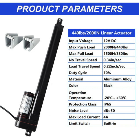 Side view of 24-inch aluminum alloy electric linear actuator with mounting brackets, 12V DC, IP65, 440 lb max load