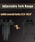 Adjustable fork range showing width from 11.6 to 36.6 inches for Aequanta Semi Electric Pallet Stacker with 3300 lbs capacity.
