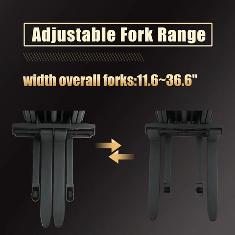 Adjustable fork range showing width from 11.6 to 36.6 inches for Aequanta Semi Electric Pallet Stacker with 3300 lbs capacity.